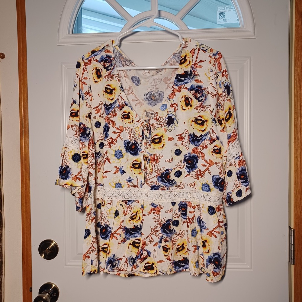 Maurices Womens Top 0X Plus Baby Doll Bell Sleeve Blue Brown Floral Lightweight